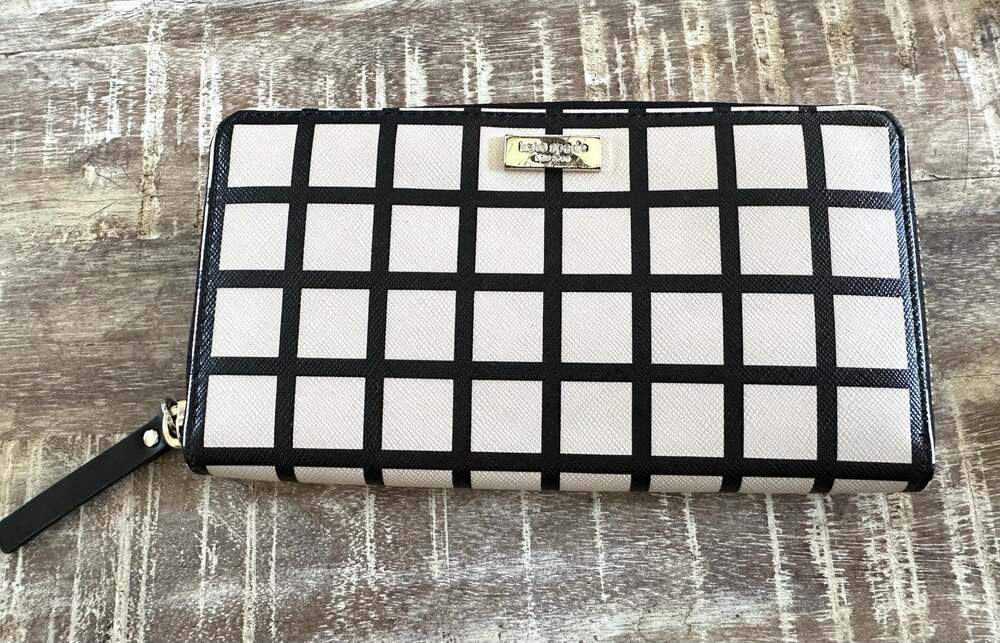 Kate Spade New York Black/White Check Zip-Around Wallet, Logo, Snap, Card Slots